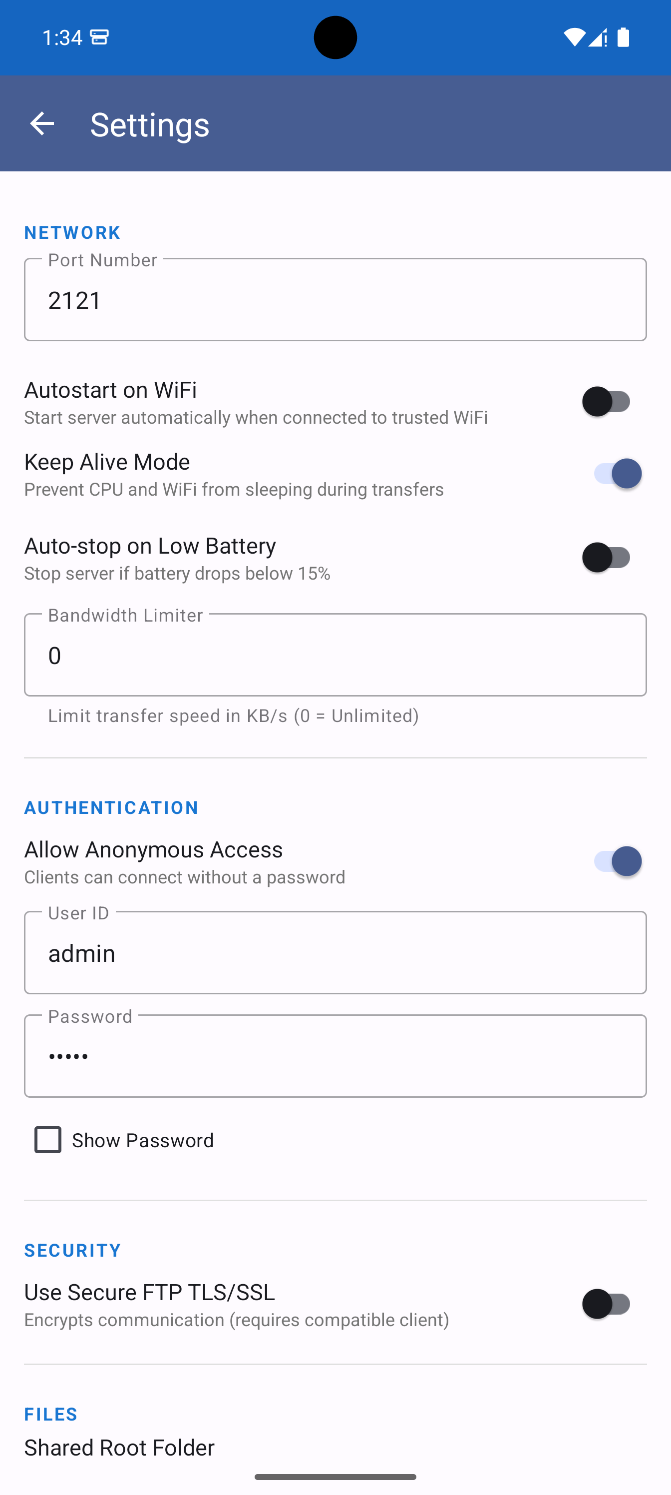 Settings — Network & Auth